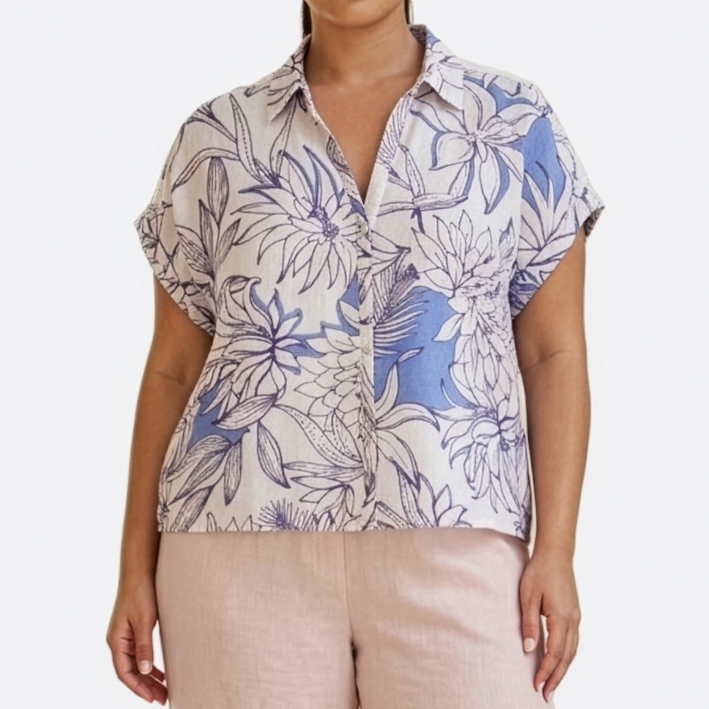 Halston 100% Linen Floral Button Down Shirt 0X XL Coastal Quiet Luxury Top
